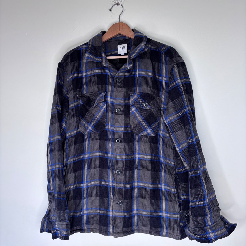 Gap Plaid Heavy Flannel Button Down Gray Blue Winter Layer Size Large